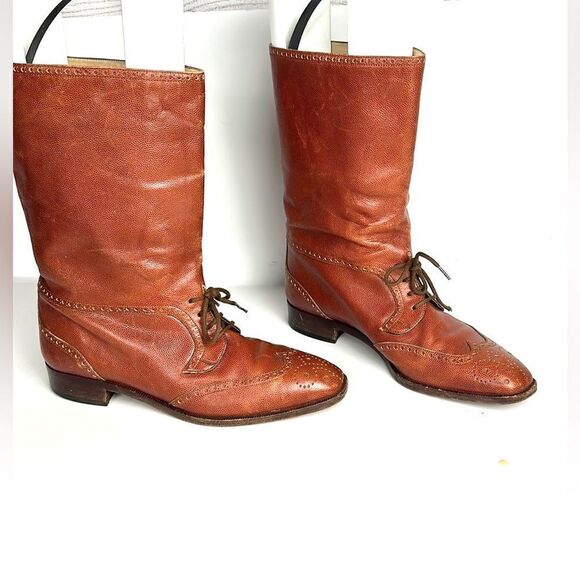 Vintage Fratelli Rosetti Italy Cognac Leather Wingtip Ankle Boots IT 38,5 US 8 - Picture 1 of 16